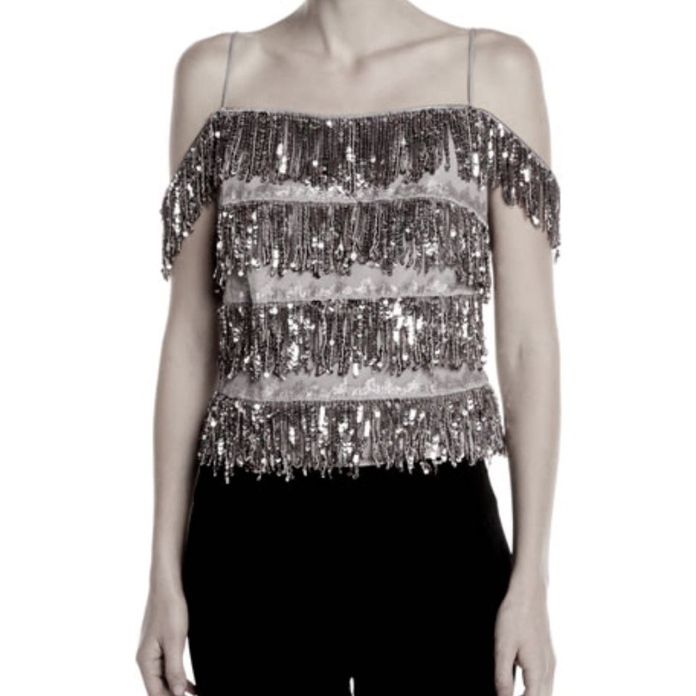 Aidan by Aidan Mattox Black Sequin Fringe Top